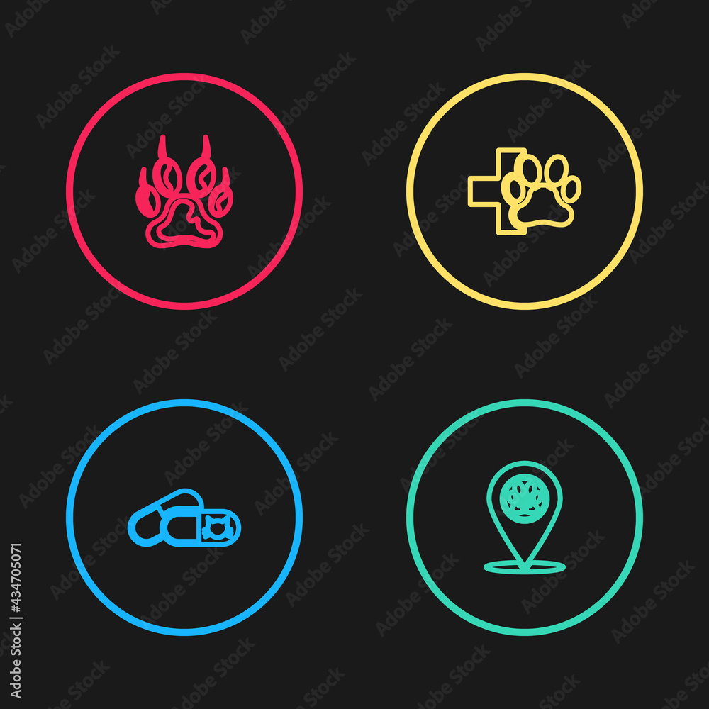 Set line Cat and pills, Location veterinary, Veterinary clinic and Paw print icon. Vector