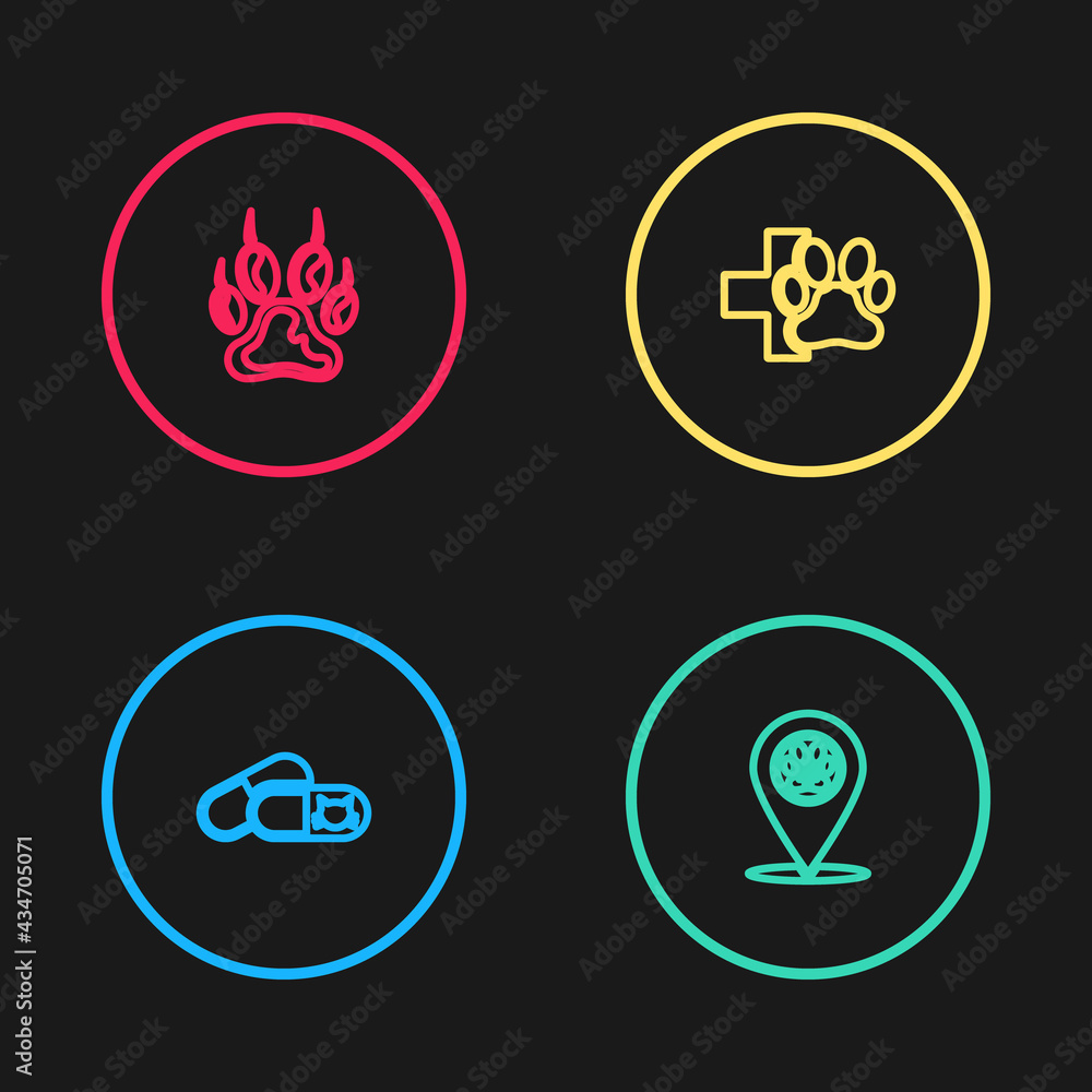 Set line Cat and pills, Location veterinary, Veterinary clinic and Paw print icon. Vector Set line Cat and pills, Location veterinary, Veterinary clinic and Paw print icon. Vector