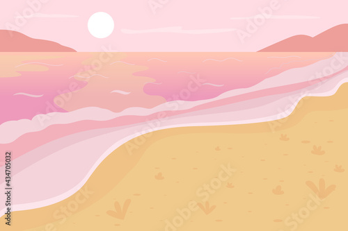 Romantic beach scenery flat color vector illustration. Summer vacation. Summertime trip to tropical resort. Hawaii retreat. Pink sunset sea scene 2D cartoon landscape with seascape on background