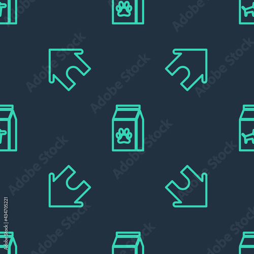 Set line Bag of food for pet, Dog house and dog on seamless pattern. Vector