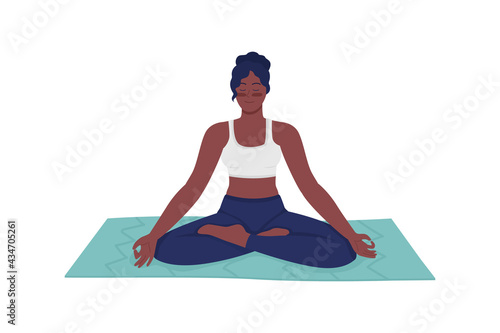 Happy woman meditating flat color vector detailed character. Indian girl in asana position. Zen and mindfulness. Yoga for wellness isolated cartoon illustration for web graphic design and animation
