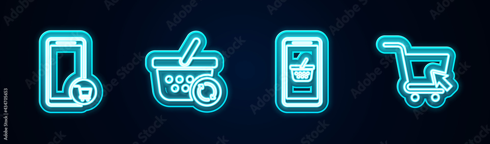 Set line Mobile and shopping cart, Refresh basket, and Shopping with cursor. Glowing neon icon. Vector Set line Mobile and shopping cart, Refresh basket, and Shopping with cursor. Glowing neon icon. Vector