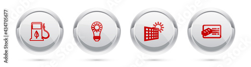 Set line Bio fuel with fueling nozzle, Solar energy panel, and sun and Financial document. Silver circle button. Vector