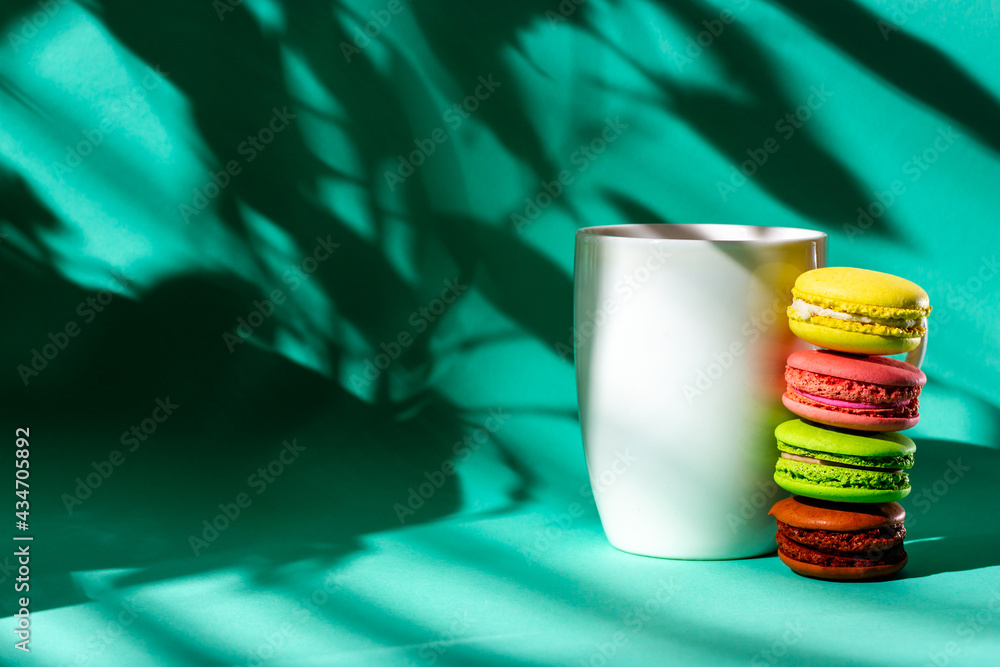 Obraz premium White cup and French almond cake. Morning light from the window