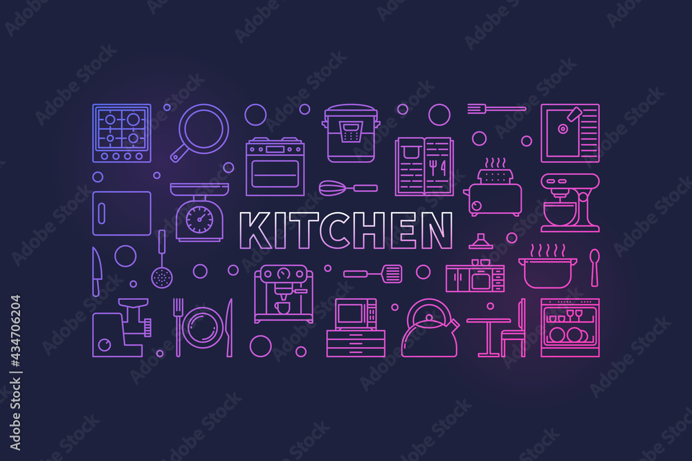 Kitchen vector concept colorful line horizontal illustration