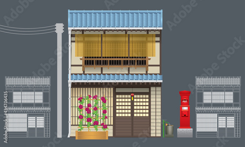 Beautiful traditional wooden building in Japan. Vector, isolated with plain color background.