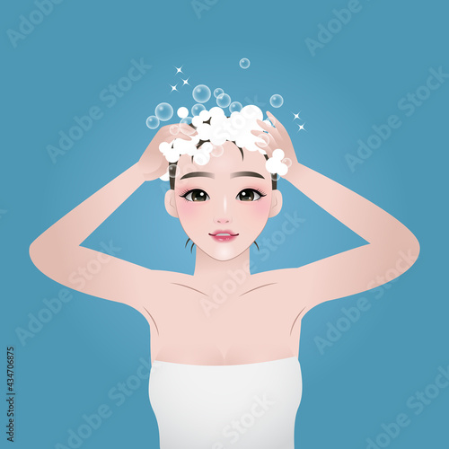 Pretty woman washing her hair. Hair care shampoo routine