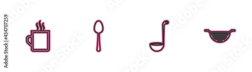 Set line Coffee cup, Kitchen ladle, Spoon and colander icon. Vector