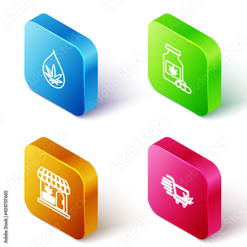 Set Isometric line Marijuana or cannabis leaf oil, Medical bottle with marijuana, and store and Shopping cart icon. Vector