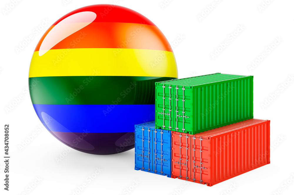 Cargo containers with LGBT flag, 3D rendering