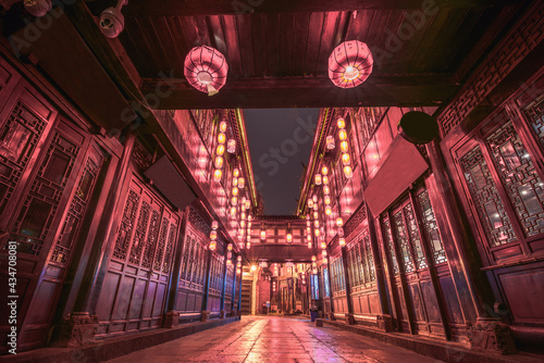 The streets of Jinli in Chengdu, China are lit up with big red lanterns for Chinese New Year
