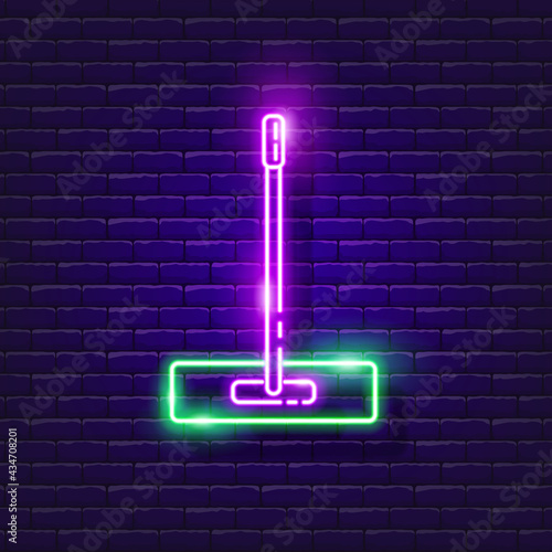 Floor mop neon icon. Cleaning brush symbol. Vector illustration for design. House cleaning glowing sign. Cleaning concept.