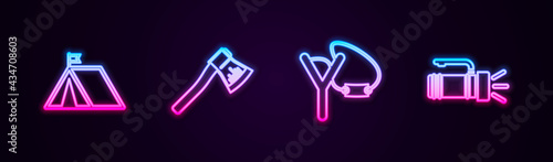 Set line Tourist tent with flag, Wooden axe, Slingshot and Flashlight. Glowing neon icon. Vector