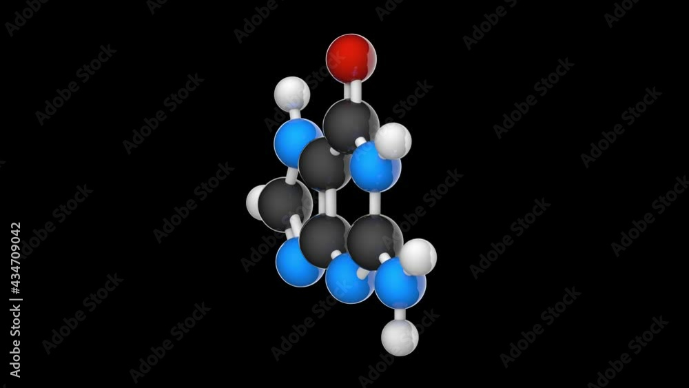 Chemical structural formula and model of Guanine. Nitrogenous base molecular structure (DNA and RNA parts). C5H5N5O. 3D render. Seamless loop. RGB + Alpha (Transparent) channel Chemical structural formula and model of Guanine. Nitrogenous base molecular structure (DNA and RNA parts). C5H5N5O. 3D render. Seamless loop. RGB + Alpha (Transparent) channel