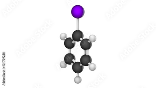 Iodobenzene (Phenyl iodide) is useful as a synthetic intermediate in organic chemistry. Formula: C6H5I. 3D render. Seamless loop. Chemical structure model: Ball and Stick. White background photo