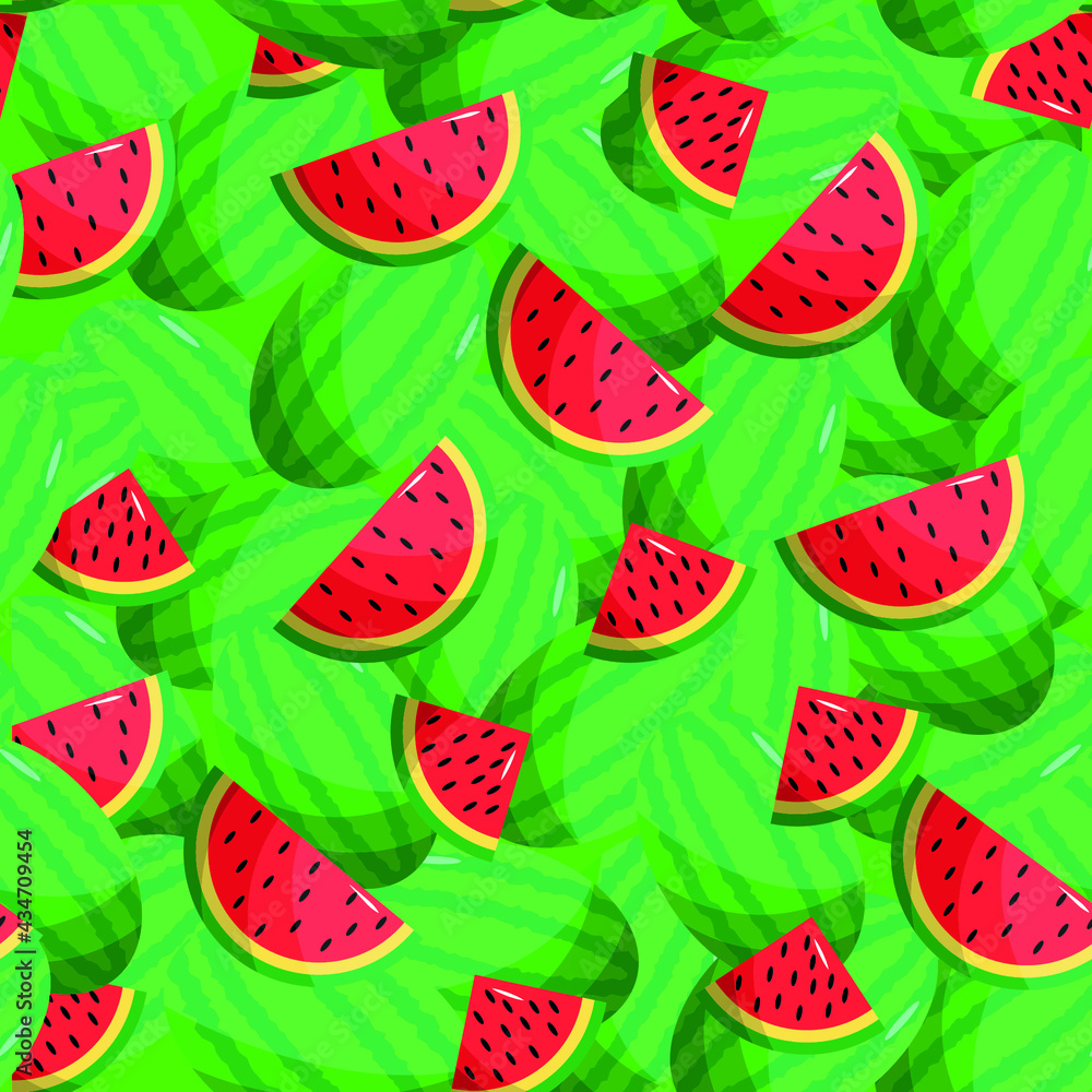 Seamless pattern with watermelon and slices on a green isolated background. Summer minimalistic background Seamless pattern with watermelon and slices on a green isolated background. Summer minimalistic background