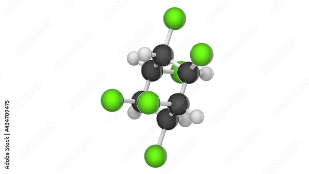 Lindane or Hexachlorane, formula: C6H6Cl6, is used as an insecticide for hardwood logs, lumber, and crops. 3D render. Seamless loop. Chemical structure model: Ball and Stick. White background Lindane or Hexachlorane, formula: C6H6Cl6, is used as an insecticide for hardwood logs, lumber, and crops. 3D render. Seamless loop. Chemical structure model: Ball and Stick. White background