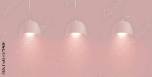 Pink background with spotlights. Light sources, floodlight on a wall. stage with illuminated projector. Scene illumination. Vector.