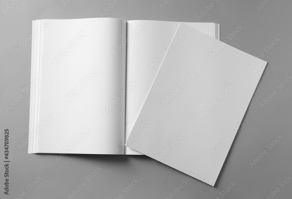 Paper sheet and open blank brochure on light grey background, flat lay Paper sheet and open blank brochure on light grey background, flat lay