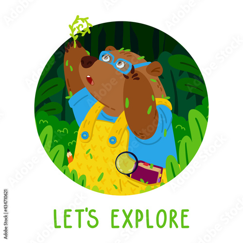 Cute bear botanist in glasses, explores new plants. Gardening grizzly. Animal in the forest. Vector children illustration for kids books and nursery poster.