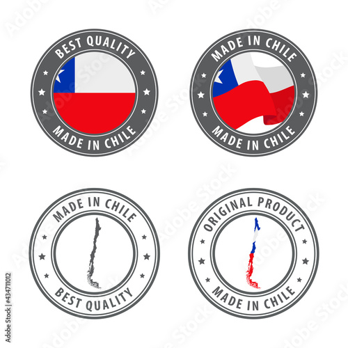 Made in Chile - set of labels, stamps, badges, with the Chile map and flag. Best quality. Original product.