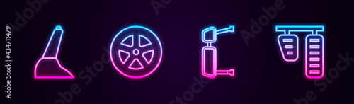 Set line Car handbrake, wheel, Truck side mirror and gas pedals. Glowing neon icon. Vector