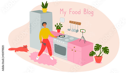 Food blogger prepare food in kitchen live. Video online cook tutorials. Man shares recipes with followers. Male influencer filming lesson on camera for video channel in kitchen studio. Vector