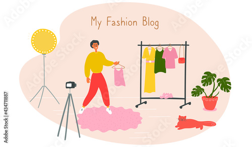 Fashion blogger showing trendy clothes to camera. Stylist influencer creates content for vlog. Young man teaches to choose trendy outfit. Opinion leader gives advices for followers in his blog. Vector
