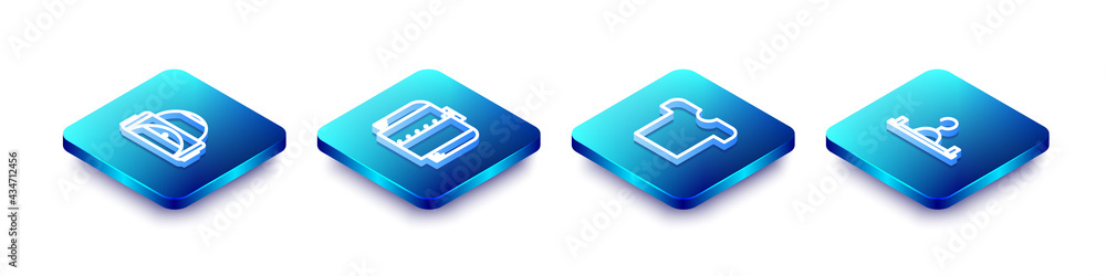 Set Isometric line Sport bag, T-shirt, and Hanger wardrobe icon. Vector Set Isometric line Sport bag, T-shirt, and Hanger wardrobe icon. Vector