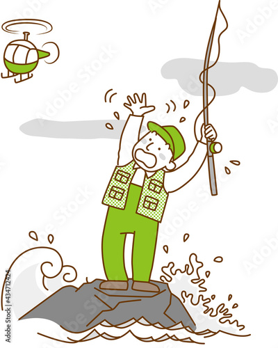 Illustration of an angler left behind at high tide and waiting for rescue