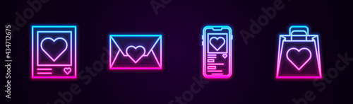 Set line Photo frames and hearts, Envelope with Valentine, Mobile and Shopping bag. Glowing neon icon. Vector
