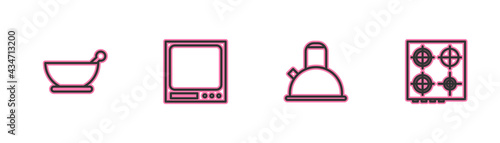 Wallpaper Mural Set line Mortar and pestle, Kettle with handle, Electronic scales and Gas stove icon. Vector Torontodigital.ca