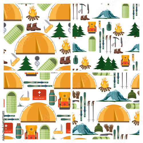 Mountain hike winter ski hiking snowy backpack skiing accessories travel climbing mountaineering vector adventure illustration seamless pattern background