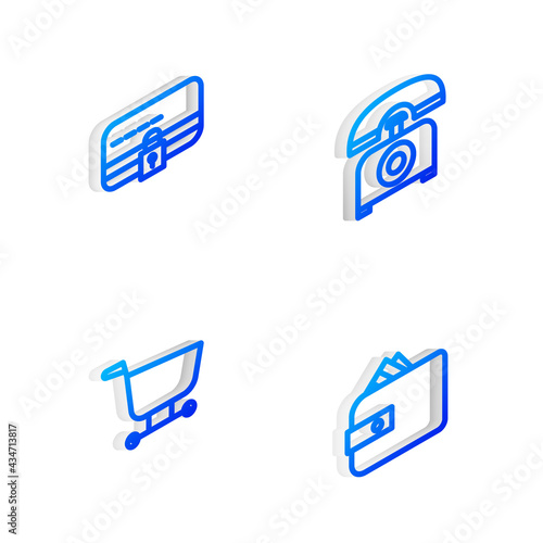 Set Isometric line Telephone, Credit card with lock, Shopping cart and Wallet paper money cash icon. Vector © vector_v