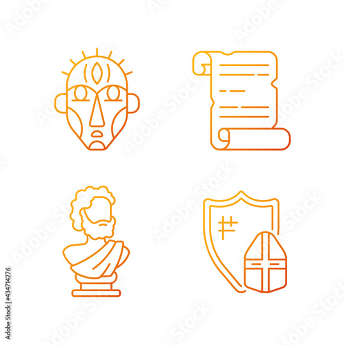 Exploring ancient lives gradient linear vector icons set. Ritual masks. Manuscripts. Sculpted philosopher bust. Thin line contour symbols bundle. Isolated vector outline illustrations collection