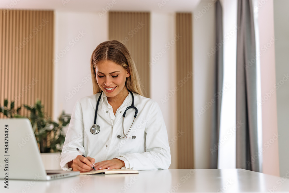 Happy woman, daily working at medicine office. Happy woman, daily working at medicine office.