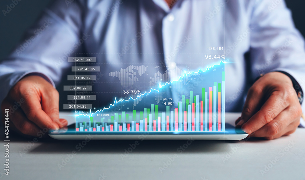 Business woman holding tablet and showing a growing virtual hologram of statistics. Business strategy development. Business woman holding tablet and showing a growing virtual hologram of statistics. Business strategy development.