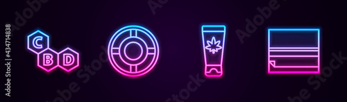 Set line Cannabis molecule, Ashtray, Medical cream with marijuana and Rolling paper. Glowing neon icon. Vector