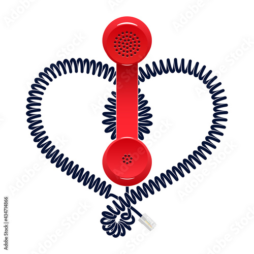 Telephone handset with heart shaped cord. Symbol of phone love affair. Vector isolated illustration.