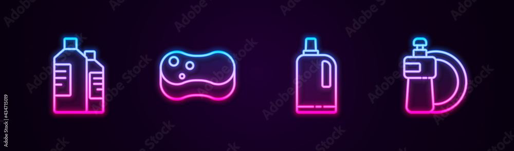 Set line Bottles for cleaning agent, Sponge, Fabric softener and Dishwashing liquid bottle and plate. Glowing neon icon. Vector Set line Bottles for cleaning agent, Sponge, Fabric softener and Dishwashing liquid bottle and plate. Glowing neon icon. Vector