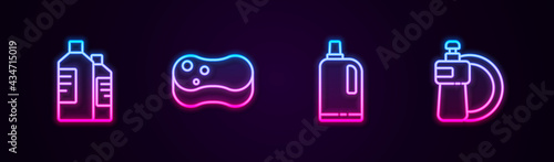 Set line Bottles for cleaning agent, Sponge, Fabric softener and Dishwashing liquid bottle and plate. Glowing neon icon. Vector