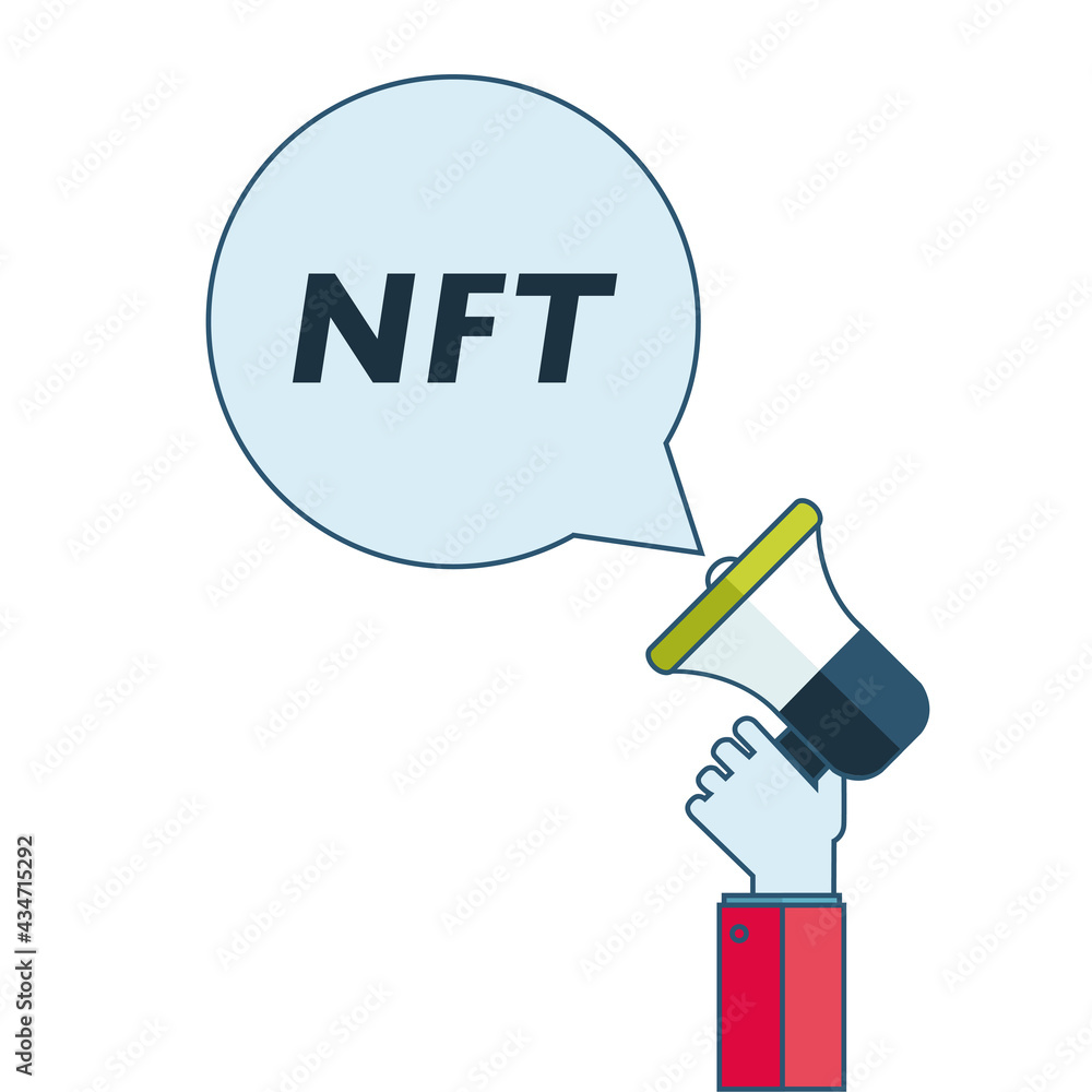 Concept of NFT with megaphone, non-fungible token, isolated on white Concept of NFT with megaphone, non-fungible token, isolated on white