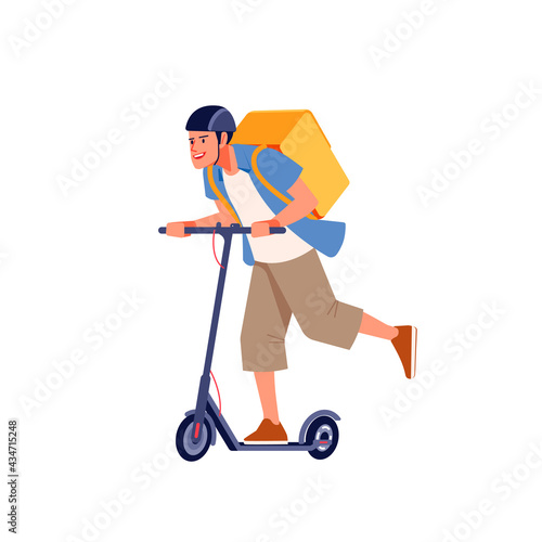 Delivery man on helmet riding electric kick scooter carrying thermal box. Portrait of young cheerful courier delivering food or parcel. Fast delivery service concept. Vector illustration flat style