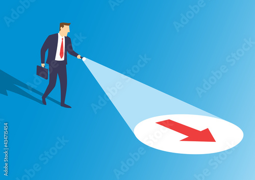 Businessman with flashlight uncovering hidden arrow sign, Searching direction clue to success, Flat design vector illustration
