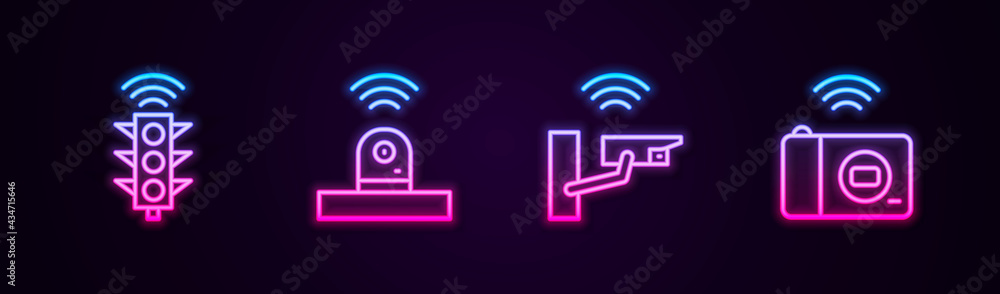 Set line Smart traffic light, security camera, and photo. Glowing neon icon. Vector Set line Smart traffic light, security camera, and photo. Glowing neon icon. Vector