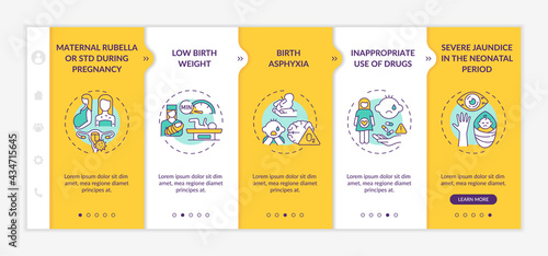 Congenital hearing loss factors onboarding vector template. Responsive mobile website with icons. Web page walkthrough 5 step screens. Maternal STD, large dose color concept with linear illustrations