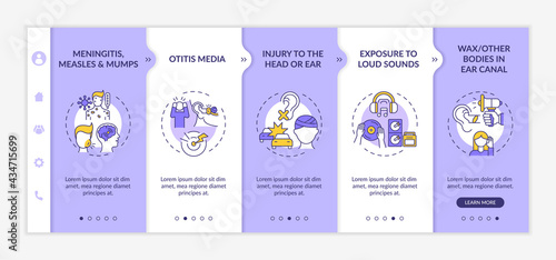 Acquired hearing loss factors onboarding vector template. Responsive mobile website with icons. Web page walkthrough 5 step screens. Mumps, measles, earwax color concept with linear illustrations © bsd studio