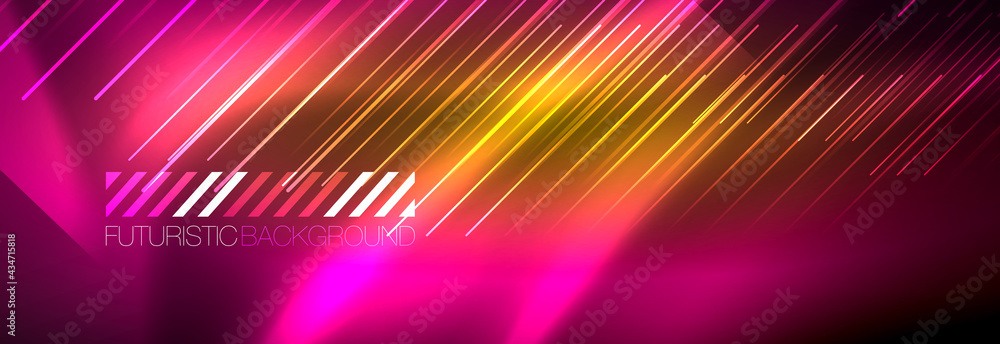 Neon glowing lines, magic energy and light motion background. Vector wallpaper template Neon glowing lines, magic energy and light motion background. Vector wallpaper template