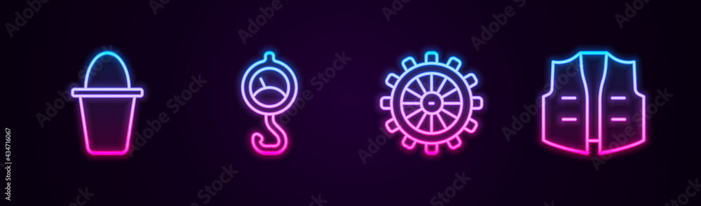 Set line Fishing bucket, Spring scale, Ship steering wheel and jacket. Glowing neon icon. Vector Set line Fishing bucket, Spring scale, Ship steering wheel and jacket. Glowing neon icon. Vector