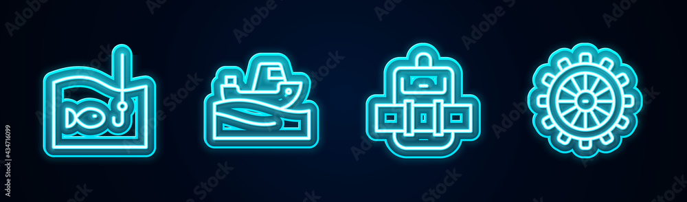 Set line Fishing hook with fish, boat on water, Hiking backpack and Ship steering wheel. Glowing neon icon. Vector Set line Fishing hook with fish, boat on water, Hiking backpack and Ship steering wheel. Glowing neon icon. Vector